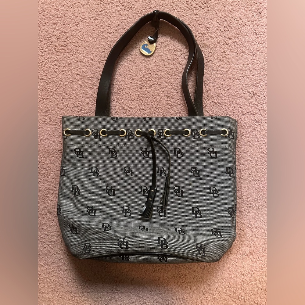 Vintage Dooney & Bourke Blue Shadow DB Signature Logo Fabric  Bag Tote 12”x10”
